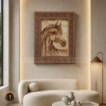Arabian Horse Coffee Art – Framed in Hand-Carved Wooden Arabic Pattern
