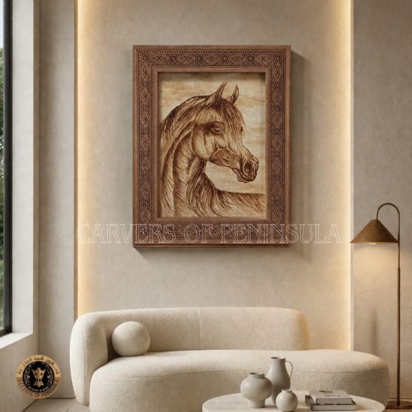 Arabian Horse Coffee Art – Framed in Hand-Carved Wooden Arabic Pattern