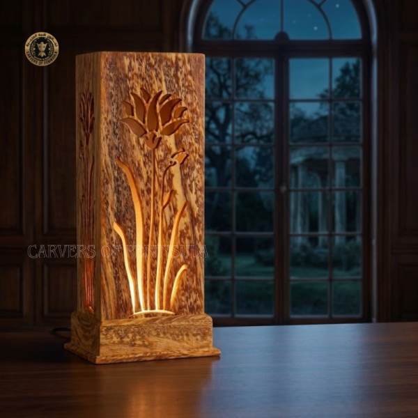 Floral Cutout Red Pine Wooden Lamp