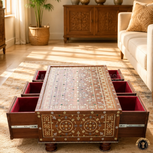 Premium Teak Wood Coffee Table Chest – Traditional Carved Design