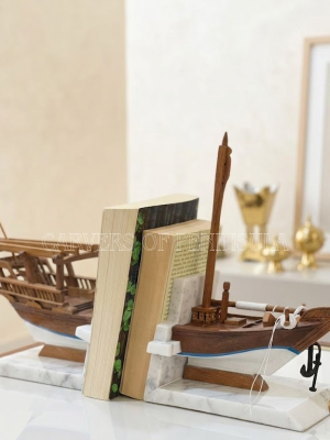 Sanbuk Boat Bookstand Handcrafted Teak Wood with White Marble Pedestal