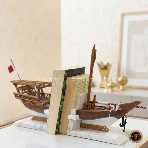 Sanbuk Boat Bookstand Handcrafted Teak Wood with White Marble Pedestal