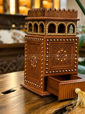 Ornate Wooden Castle Box with Intricate Geometric Carvings & Tassel Drawer