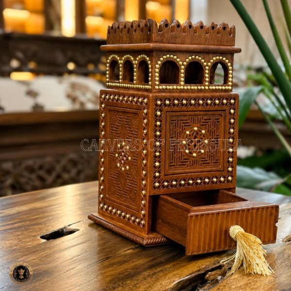 Ornate Wooden Castle Box with Intricate Geometric Carvings & Tassel Drawer