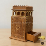 Ornate Wooden Castle Box with Intricate Geometric Carvings & Tassel Drawer