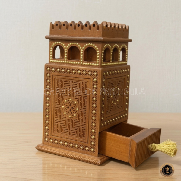Ornate Wooden Castle Box with Intricate Geometric Carvings & Tassel Drawer