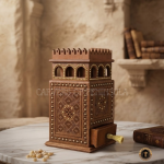 Ornate Wooden Castle Box with Intricate Geometric Carvings & Tassel Drawer