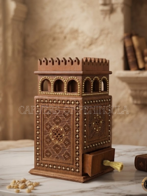 Ornate Wooden Castle Box with Intricate Geometric Carvings & Tassel Drawer