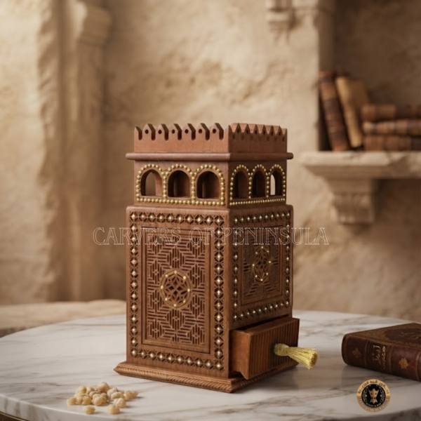 Ornate Wooden Castle Box with Intricate Geometric Carvings & Tassel Drawer