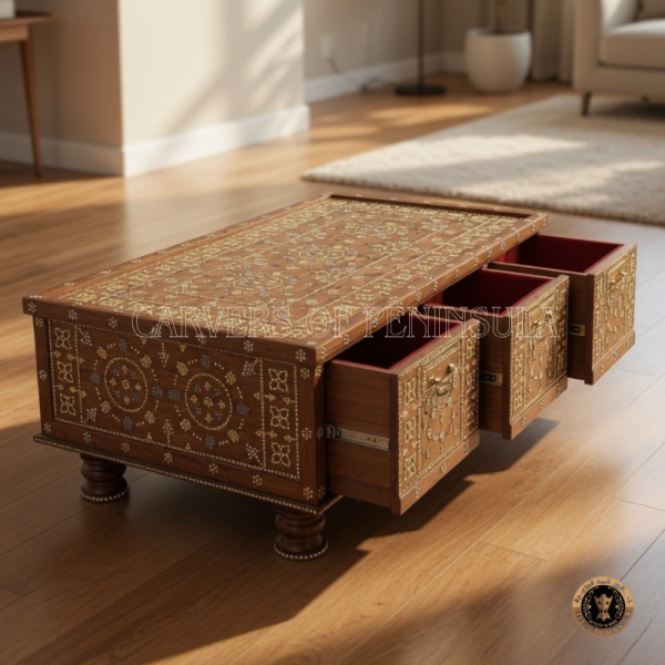 Premium Teak Wood Coffee Table Chest – Traditional Carved Design