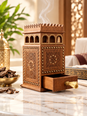 Ornate Wooden Castle Box with Intricate Geometric Carvings & Tassel Drawer