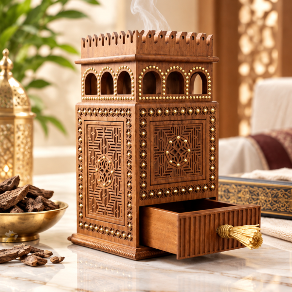 Ornate Wooden Castle Box with Intricate Geometric Carvings & Tassel Drawer