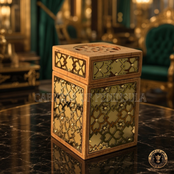 Solid Teak Wooden Mitkan with Traditional Geometric Brass Inlay.