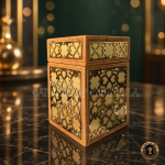 Solid Teak Wooden Mitkan with Traditional Geometric Brass Inlay.