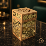 Solid Teak Wooden Mitkan with Traditional Geometric Brass Inlay.