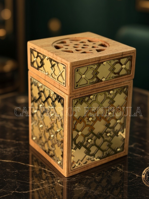 Solid Teak Wooden Mitkan with Traditional Geometric Brass Inlay.